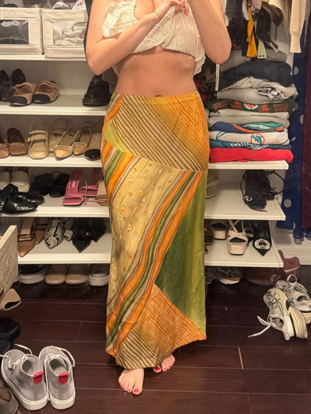 Colorblock Satin Maxi Skirt in Mustard & Olive